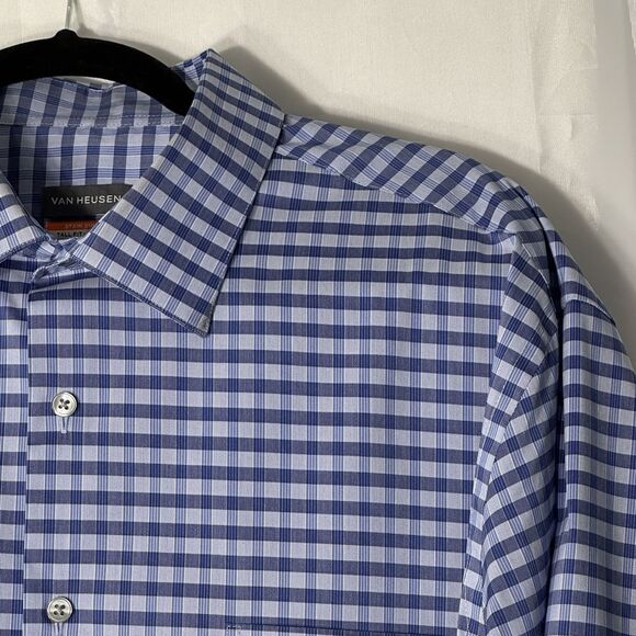Van Heusen Dress Shirt Men's Siz 17.5 36/37 Tall Fit Blue Plaid Button Front - Picture 2 of 12